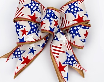 Patriotic Bow | 4th of July Bow | Red White Blue Ribbon Bow | USA Star Door Bow | Independence Day Wreath Bow | American Flag Gift Topper