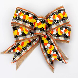Candy Corn Halloween Schleife | Süßes oder Saures Kranz Topper | Herbst-Haustür-Dekor | Halloween Sackleinen Band Bogen | Herbst-Veranda-Akzent