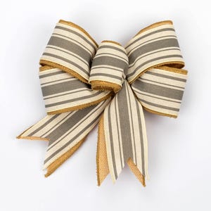 Neutral Stripe Bow | Rustic Farmhouse Wreath Bow | Beige Gray Burlap Ribbon | Country Cotage Style Accent | Everyday Bow Decor | Vintage Bow