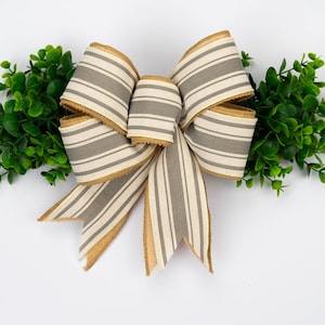 Neutral Stripe Bow | Farmhouse Wreath Bow | Rustic Everyday Bow | Greenery Door Topper | Burlap Decor | Modern Cottage Style