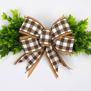 Farmhouse Buffalo Plaid Bow with Greenery | Brown Gingham Door Decor | Rustic Fall or Everyday Wreath Accent | Country Home Style