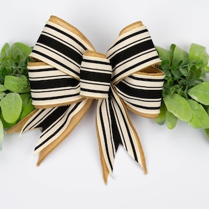 Black White Stripe Wreath Bow | Neutral Farmhouse Door Decor | Elegant Ribbon Bow for Front Porch, Garland, Wreath Accent