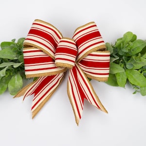 Christmas Red Stripe Bow | Holiday Front Door Wreath Bow with Greenery | Farmhouse Christmas Decor | Rustic Garland or Tree Topper