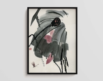 Impresión artística de libélula y flor de loto de Qi Baishi (descarga digital)