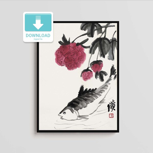 Téléchargement numérique, Qi Baishi, Poisson et fleur, art chinois vintage, affiche imprimable, impression d’art téléchargeable, art mural