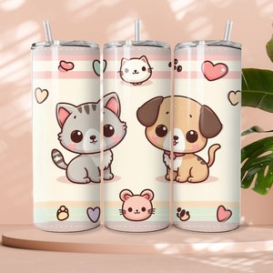 20oz Gray Cartoon Cat and Brown Cartoon Dog Tumbler - Adorable Animal Duo with Hearts