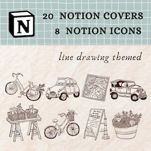 Pen and line drawing themed Notion icons | Hand drawn checker Notion covers｜Aesthetic Notion｜Line drawing icons for Notion art journal