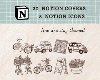 May include: A set of 20 Notion covers and 8 Notion icons with a line drawing theme. The illustrations include a bicycle, a car, a map, a vintage car, a table with baskets, a bicycle with a basket, a sign, and a potted plant.