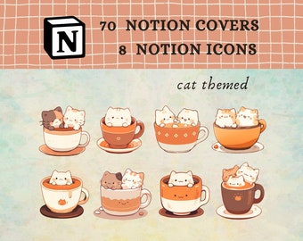 Notion-pictogrammen en Notion-covers voor Notion-sjablonen | Pictogrammen met kattenthema | Geruit en textuur Notion-hoezen｜Aesthetic Notion｜Cat Notion-pictogrammen