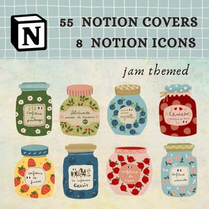 Op de afbeelding: Acht geillustreerde iconen van jamglazen met verschillende fruitsmaken, waaronder abrikoos, bosbes, kers, aardbei, citroen en cassis. De glazen hebben een vintage stijl met bloemen- en stippenpatronen. De tekst op de glazen luidt "Confiture de printemps", "Abricats", "Confiture de Myrtille", "Cerises", "Confiture de Fruits", "Confiture de Cassis", "Confiture de Limon" en "Confiture de Framboise".