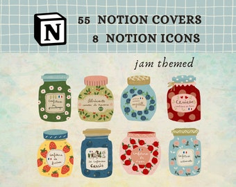 May include: Eight illustrated jam jar icons with different fruit flavors, including apricot, blueberry, cherry, strawberry, lemon, and cassis. The jars have a vintage style with floral and polka dot patterns. The text on the jars reads "Confiture de printemps", "Abricats", "Confiture de Myrtille", "Cerises", "Confiture de Fruits", "Confiture de Cassis", "Confiture de Limon", and "Confiture de Framboise".
