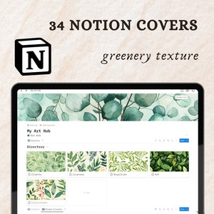 May include: A screenshot of a Notion workspace with a green foliage background. The workspace is titled "My Art Hub" and has several folders labeled "Collections", "Licenses", "Royalties", and "Art".