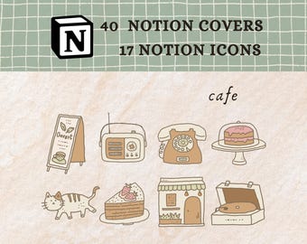 May include: A set of 17 hand-drawn icons for use in Notion, featuring a cafe theme. The icons include a cat, a cake, a radio, a phone, a storefront, a record player, and a sign that says "Ouvert".