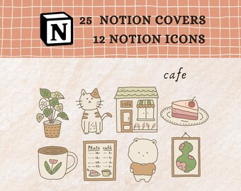May include: A set of 12 hand-drawn icons and 25 covers for the note-taking app Notion. The icons include a cat, a coffee cup, a cafe building, a cake, a bear, and a plant. The covers feature a variety of themes, including cafe, nature, and animals.