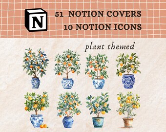 Watercolor plant themed icons | Watercolor checker Notion covers｜Hand drawn checker Notion covers｜Notion icons for gardening journal