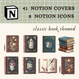 Icone Notion per il diario di lettura Notion e il tracker di lettura / 8 icone a tema libro classico / 41 copertine Notion di controllo｜Notion estetica