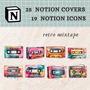 Mixtape retrô Notion ícones | Textura aquarela Notion capas｜Mixtape Notion ícones e aquarela Notion capas para Notion art journal