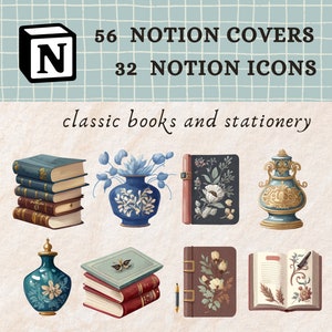 Notion icons for reading tracker | Classic book and stationery themed icons | Watercolor and acrylic texture Notion covers｜Aesthetic Notion