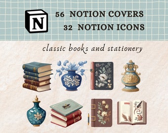 Könnte beinhalten: Ein Set mit 56 Notion-Covern und 32 Notion-Icons mit klassischen Büchern und Schreibwaren. Die Icons beinhalten einen Stapel Bücher, eine Vase mit Blumen, ein geschlossenes Buch mit Blumenmustern, eine dekorative Vase, einen Stapel Bücher mit einem Schmetterling, ein geschlossenes Buch mit Blumenmustern und ein offenes Buch mit einer Feder.