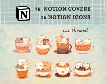 Cat themed Notion icons | 78 Notion covers pack｜Aesthetic Notion｜Cat Notion icons｜Notion covers of Notion planner for creatives