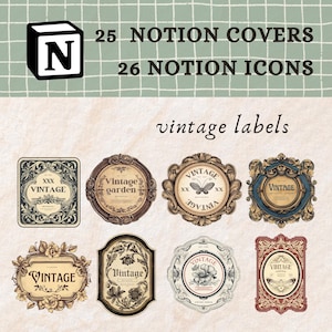 Vintage label Notion icons  | Linen texture Notion covers｜Notion icons for Notion writer hub and book tracker｜Vintage icons