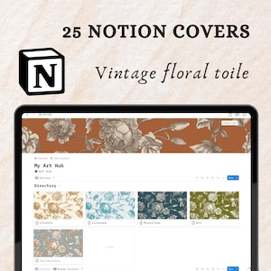 Op de afbeelding: Een screenshot van een computerscherm dat een Notion-werkruimte toont met de tekst "My Art Hub" en een map met mappen met bloemmotieven. De mappen zijn gelabeld met "Clients", "Licenses", "Royalities" en "Art". De tekst "25 Notion Covers" en "Vintage floral toile" wordt bovenaan het scherm weergegeven.