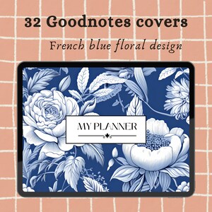 May include: A digital tablet displaying a blue and white floral design with the text "MY PLANNER" in a white box. The background is a light pink grid pattern.
