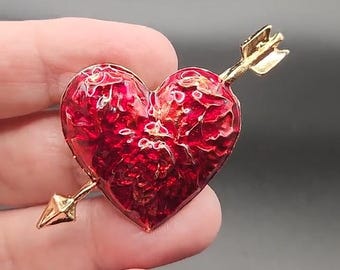 Arrow Through Heart Brooch Valentine's Day Red Enamel and Gold Tone Metal