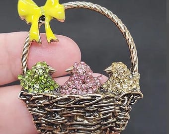 Easter Basket Brooch Rhinestone Chicks Enamel Bow Holiday Chicken