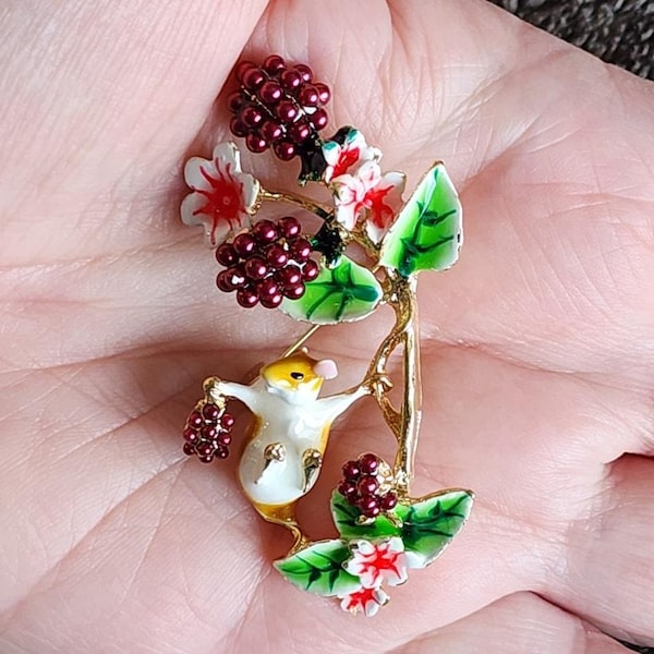 Field Mouse on Blackberry Vine Brooch Enamel & Beads Whimsical