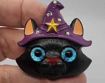 Black Cat Witch Hat Halloween Brooch Heavy Enamel Blue Eyes