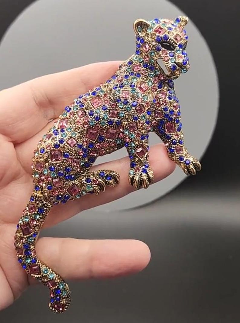 Large Leopard Brooch Articulating Tail Multicolor Rhinestones Fierce - Etsy