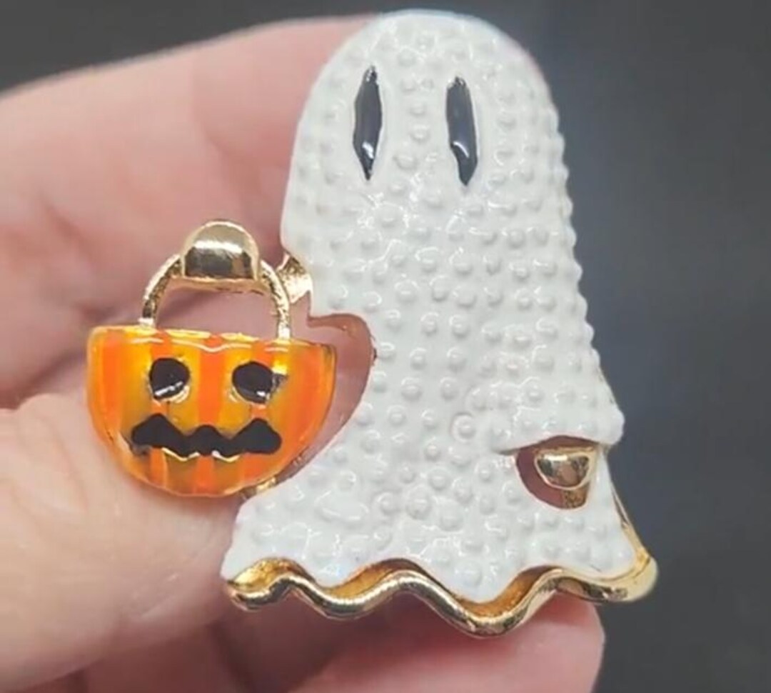 Halloween Ghost Brooch Trick or Treat Pumpkin Pail Textured Enamel ...