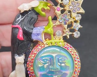 Halloween Witch Cauldron Brooch Rhinestone & Enamel Moon Face Bat Cat Potion