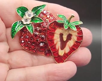 Strawberry Fruit Brooch Rhinestones and Enamel Very Shiny Summertime