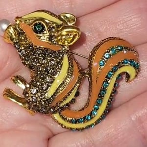 Squirrel Brooch Enameled Rhinestone Faux Pearl Bushy Tail