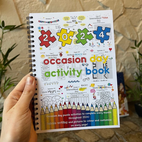 2024 Occasion Day Activity Puzzle Book Children Adults, 60 pages, A5 Spiral Bound