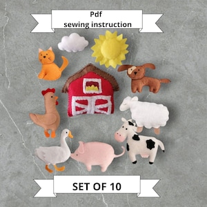 Farm animals sewing pdf pattern Felt,Set 10 cat dog chicken cow sheep pig farm house photo DIY,pet farm toy  decor,Hand sewing pattern File