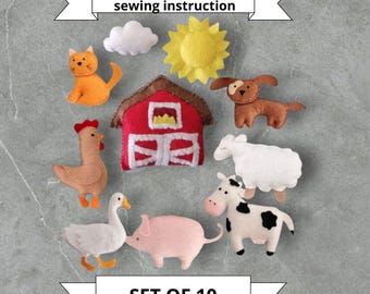 May include: A set of 10 felt farm animal and weather-themed ornaments. Includes a red barn, yellow sun, white cloud, orange cat, brown dog, sheep, cow, chicken, goose, and pink pig. The text "Pdf sewing instruction" and "SET OF 10" are also visible.
