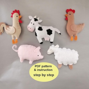 Farm animals sewing pdf pattern Felt,Set of 5 Rooster chicken cow sheep pig photo DIY,pet farm toy nursery decor,Hand sewing pattern File