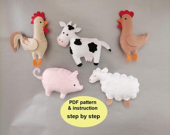 May include: A set of five felt animal toys, including a rooster, cow, pig, sheep, and hen. The toys are all handmade and feature bright colors and simple designs. PDF pattern and instructions are included.