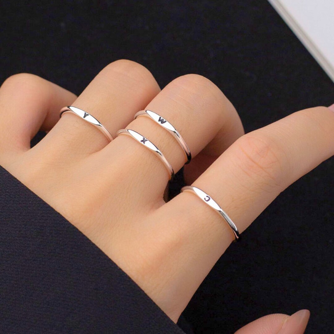 Silver Letter Ring Tiny Letter Ring AZ Letter Ring Custom Etsy