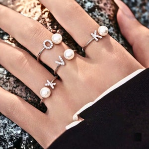 Anillo de letras de plata personalizado, anillo A-Z personalizado, anillo inicial personalizado, anillo de letras A-Z, anillo de alfabeto, anillo de perlas personalizado, regalo para ella, lindo