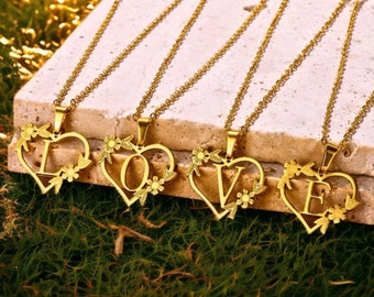 Collana cuore iniziale in oro 18 carati personalizzata, lettera A-Z, girocollo con lettera floreale personalizzata, collana con targhetta, collana con alfabeto, regali unici