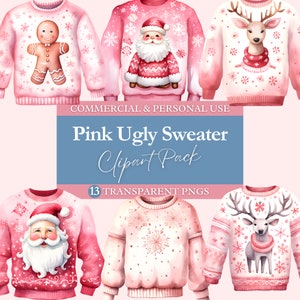 Ugly Pink Christmas Sweaters Clipart Bundle | Transparent PNG | Commercial Use Clip Art | Watercolor | Digital Image Downloads