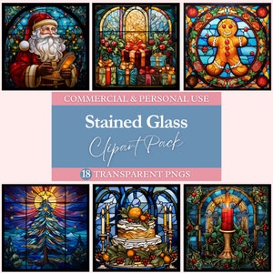 Christmas Stained Glass Clipart Bundle | Transparent PNG | Commercial Use Clip Art | Watercolor | Digital Image Downloads