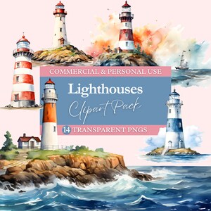 Lighthouse Clipart, Transparent PNG | Commercial Use Clip Art | Watercolor | Digital Image Downloads | Watercolor Nautical Ocean Lighthouses