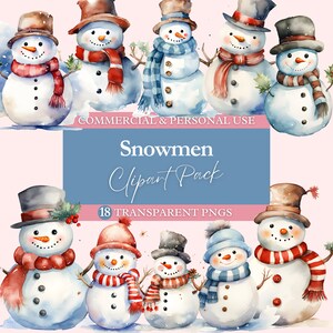 Pacchetto di clipart di pupazzi di neve di Natale carini / PNG trasparente / ClipArt per uso commerciale / Acquerello / Download di immagini digitali