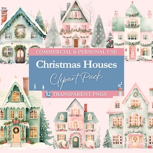 Watercolor Christmas Houses Clipart Bundle | Transparent PNG | Commercial Use Clip Art | Digital Image Downloads | Festive Houses, Cottage