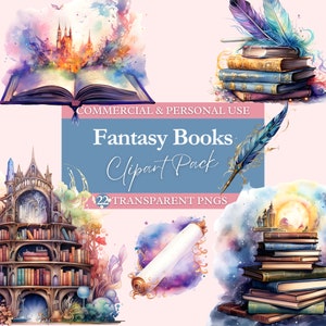 22 Fantasy Books Watercolor Clipart Bundle | Transparent PNG | Commercial Use | Digital Downloads | Book Stacks, Shelves, Quills, Scrolls